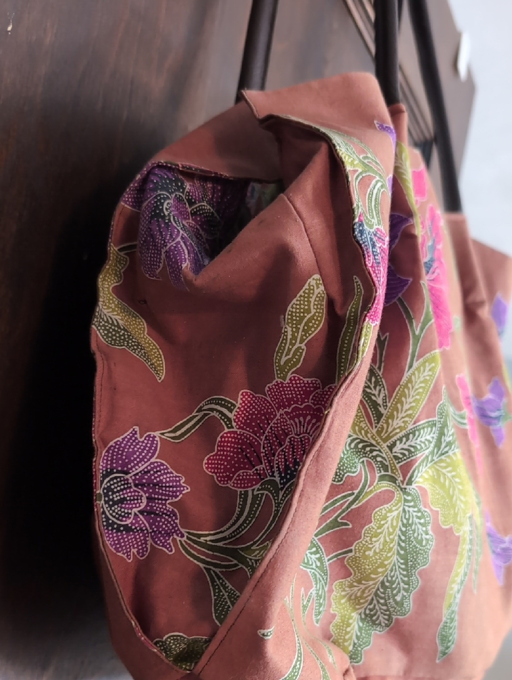 Boho Style Floral Tote Bag in Rust with Pink & Purple Flowers - Picture 3 of 6